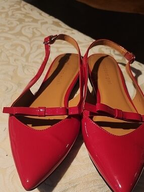 Red Patent Pointed-Toe Slingback Flats with Bow